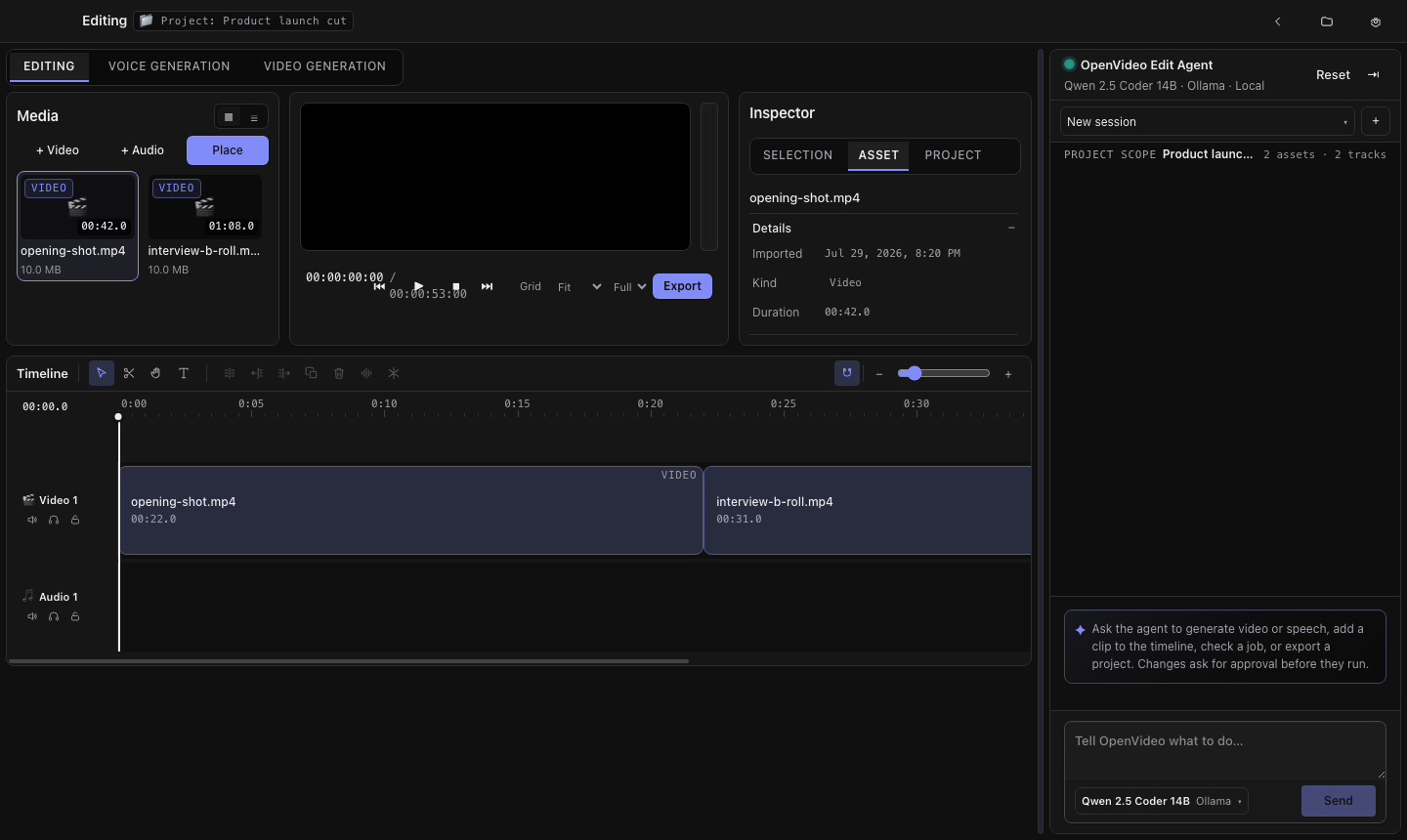 The OpenScene editing workspace: media bin, program monitor, inspector, timeline, and the Edit Agent chat panel