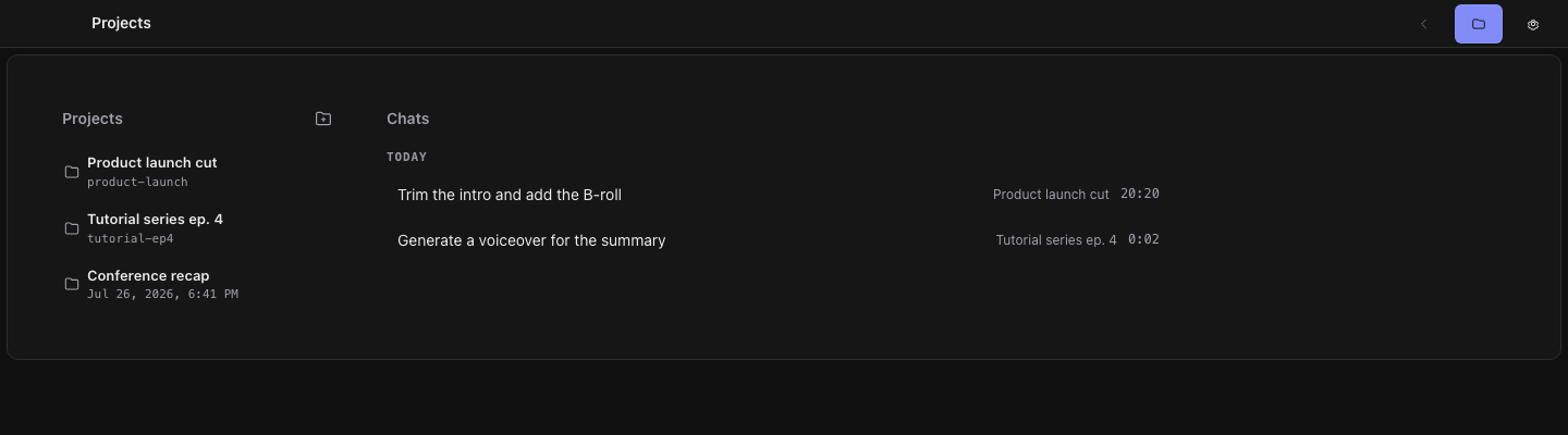 The Projects page listing project folders beside grouped Edit Agent chat history