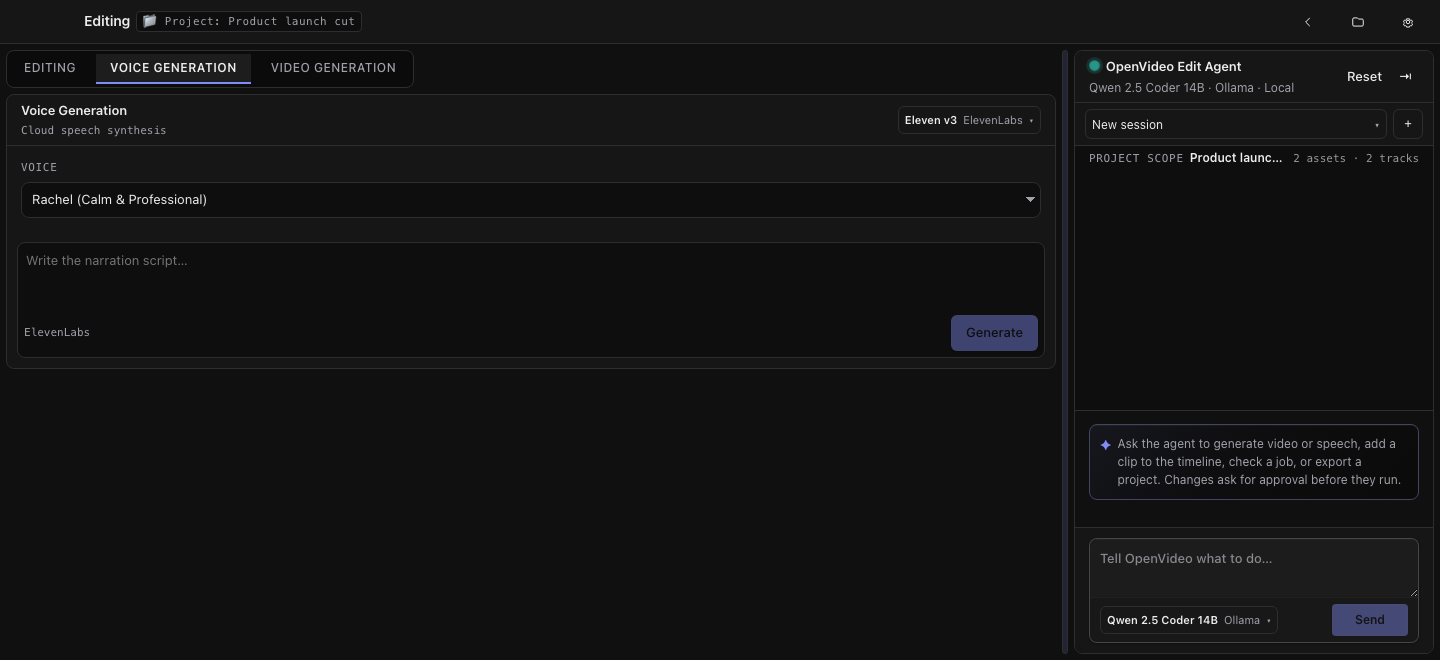 The Voice Generation studio with a voice picker and a script composer